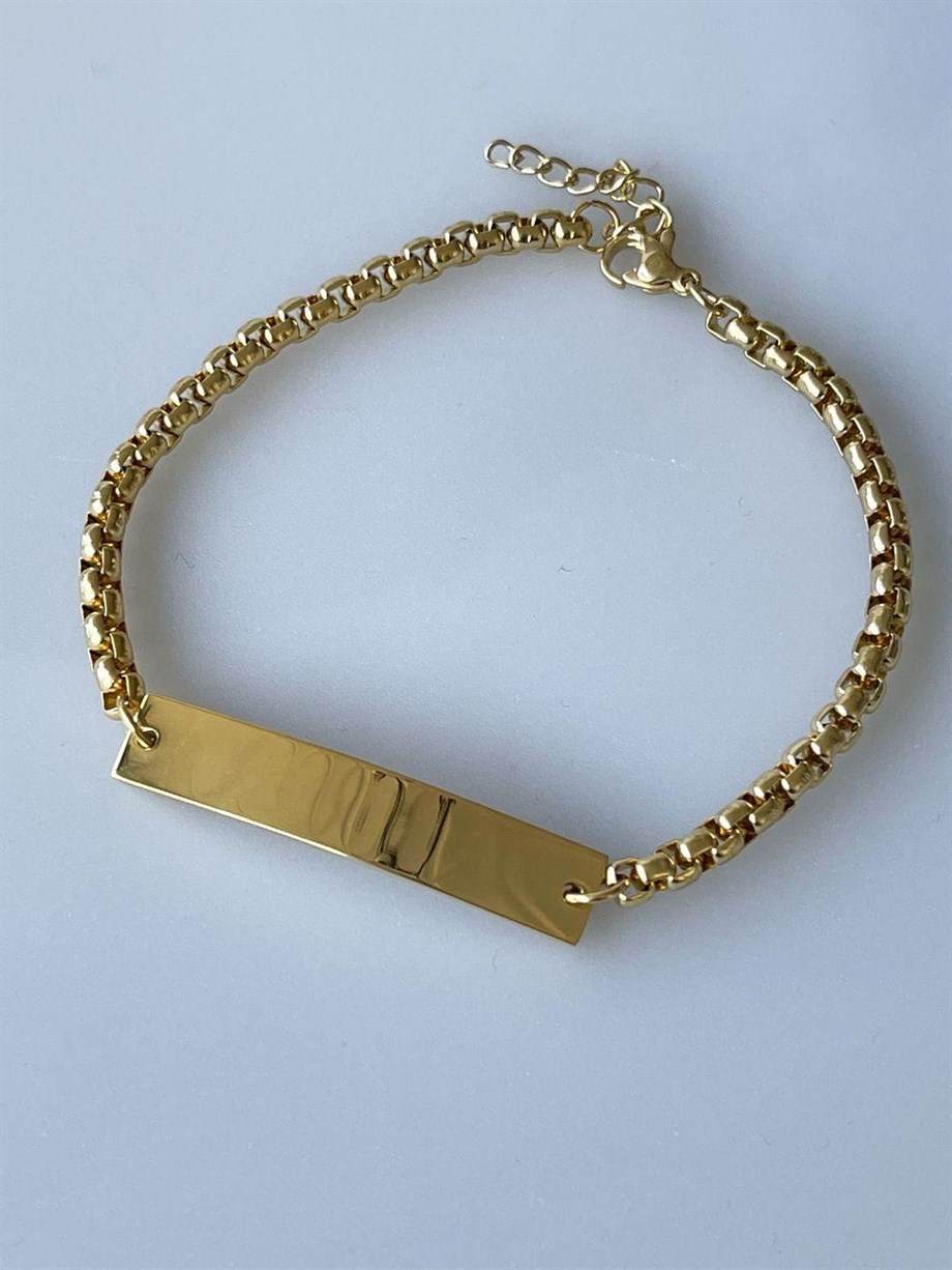 Çelik Gold Renk İsim Yazdırılabilir Künye Bileklik (23 Cm)