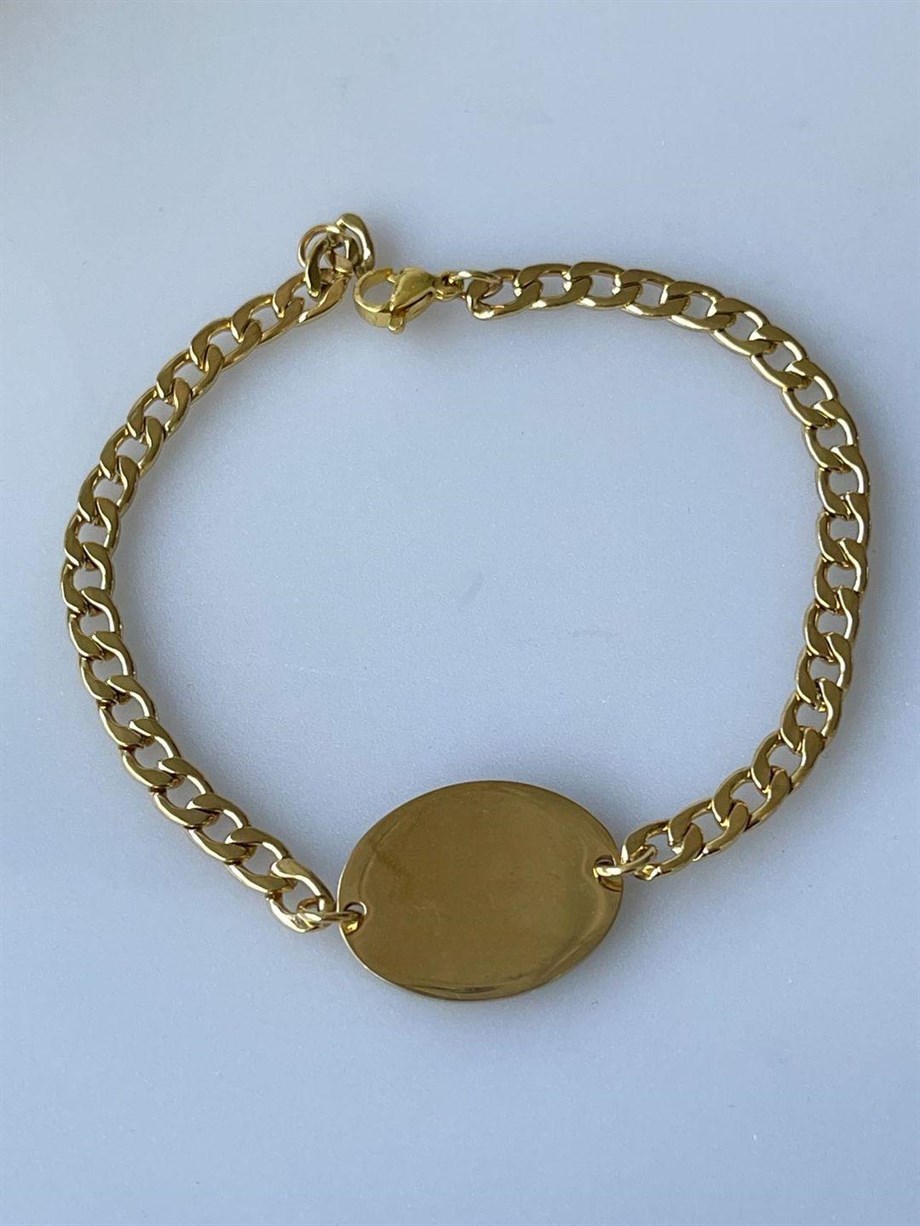 Çelik Gold Renk İsim Yazdırılabilir Künye Bileklik (21 Cm)