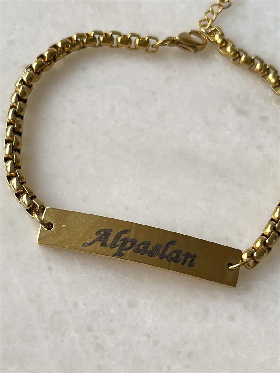 Çelik Gold Renk İsim Yazdırılabilir Künye Bileklik (23 Cm)