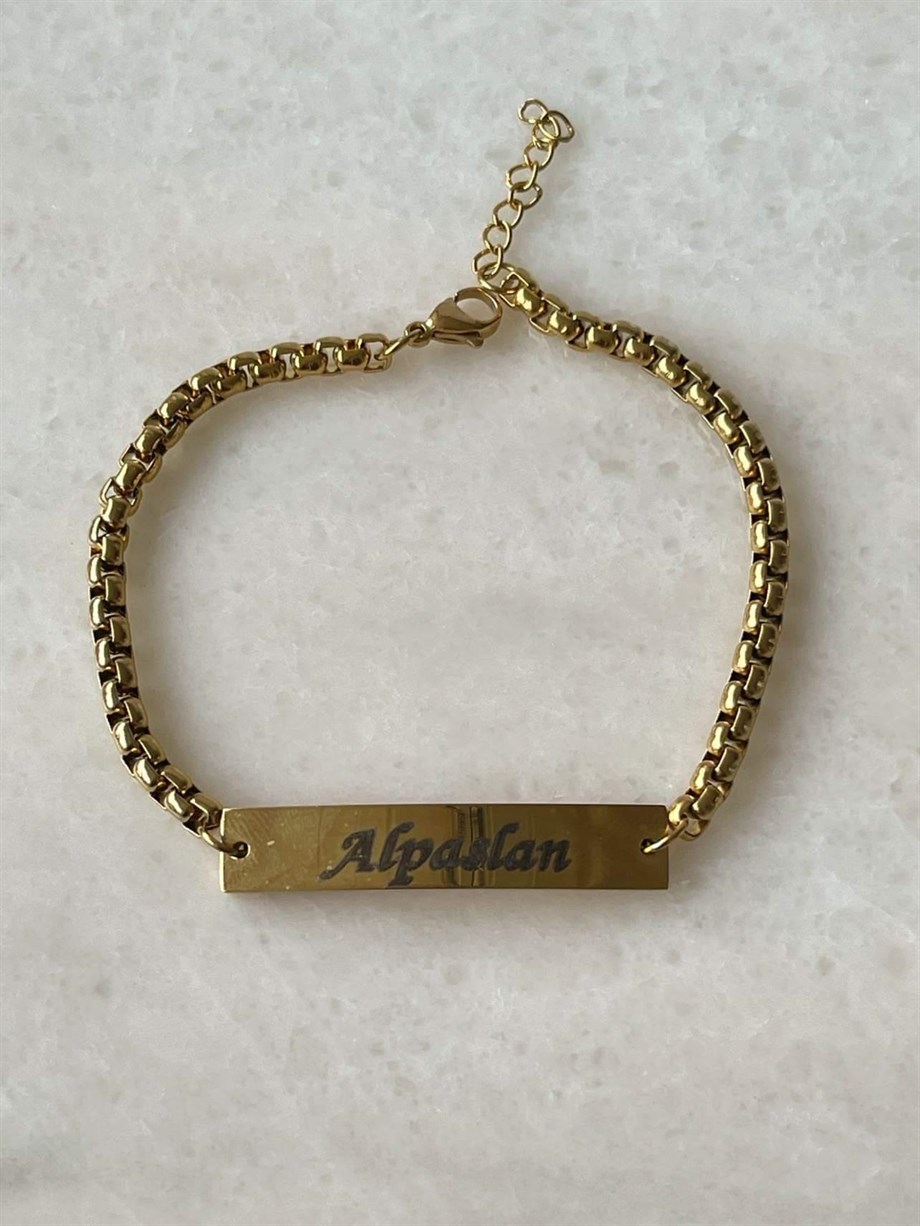 Çelik Gold Renk İsim Yazdırılabilir Künye Bileklik (23 Cm)