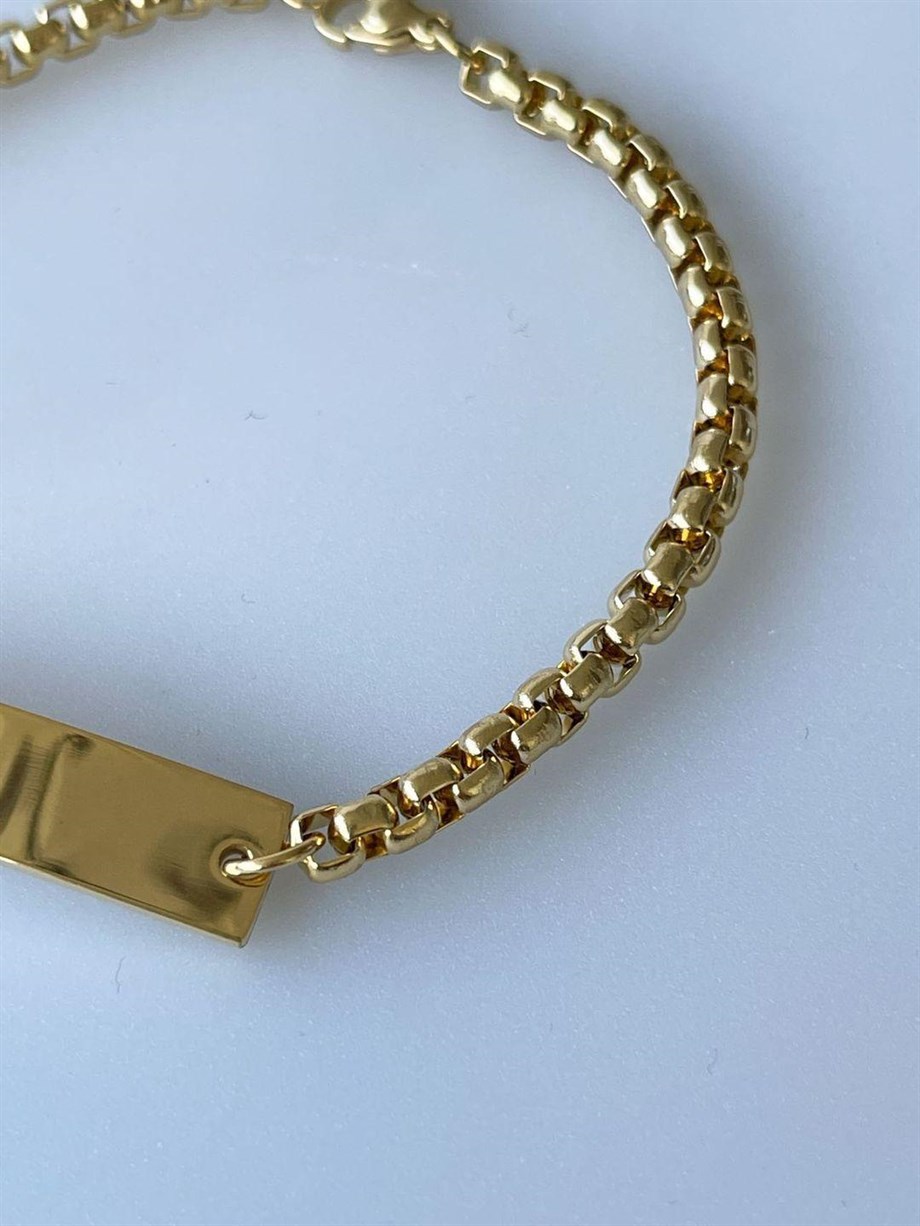 Çelik Gold Renk İsim Yazdırılabilir Künye Bileklik (23 Cm)