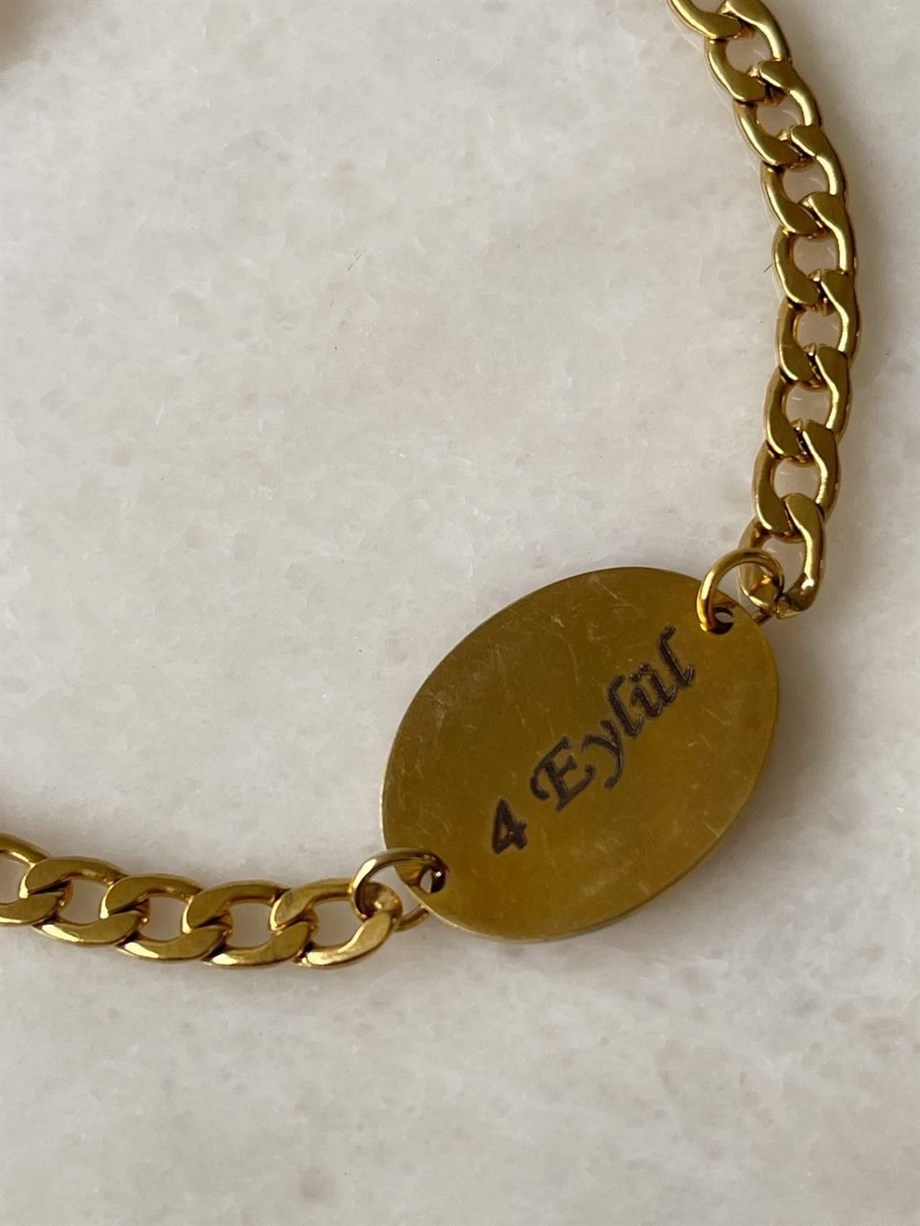 Çelik Gold Renk İsim Yazdırılabilir Künye Bileklik (21 Cm)