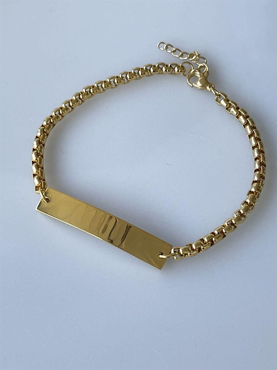 Çelik Gold Renk İsim Yazdırılabilir Künye Bileklik (23 Cm)