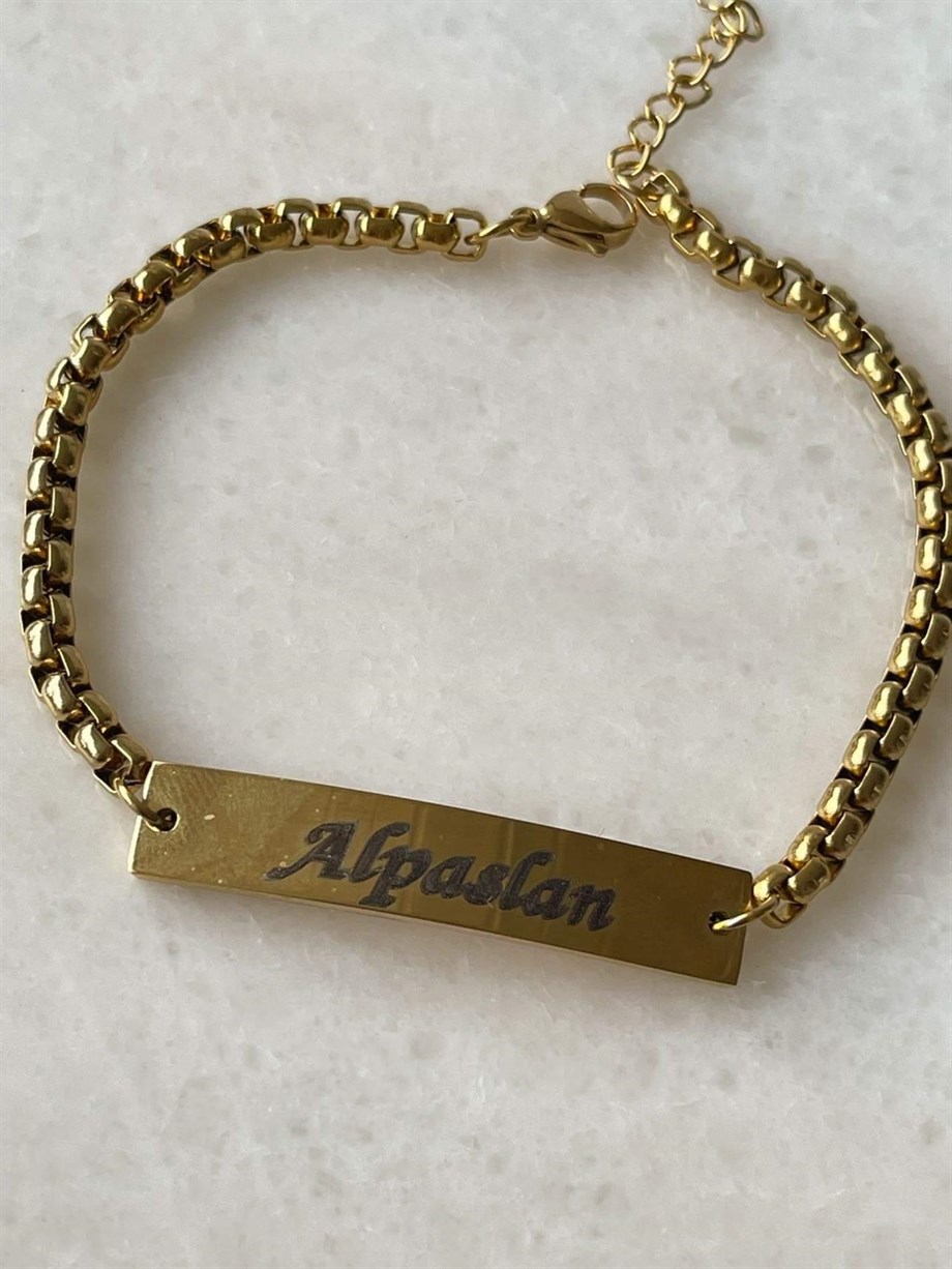 Çelik Gold Renk İsim Yazdırılabilir Künye Bileklik (23 Cm)