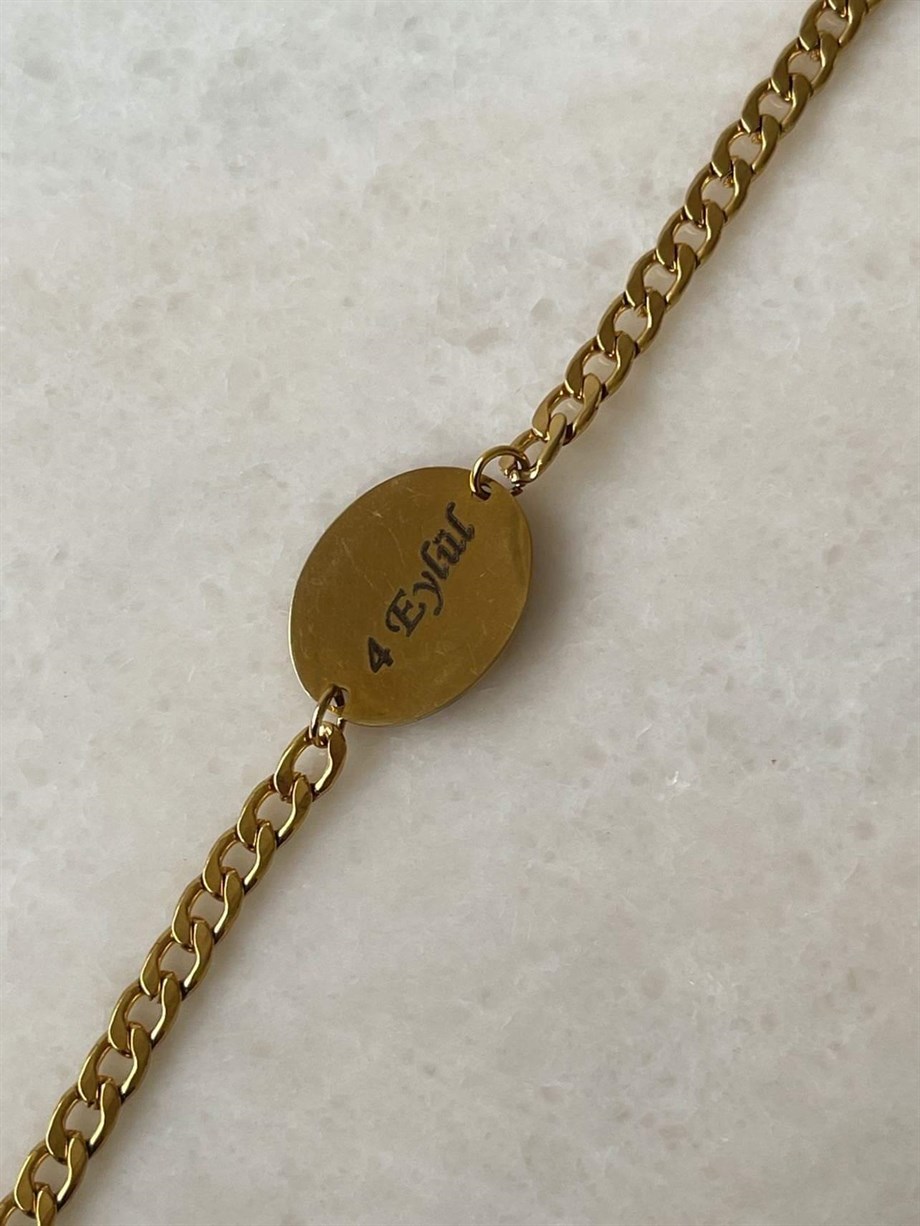Çelik Gold Renk İsim Yazdırılabilir Künye Bileklik (21 Cm)