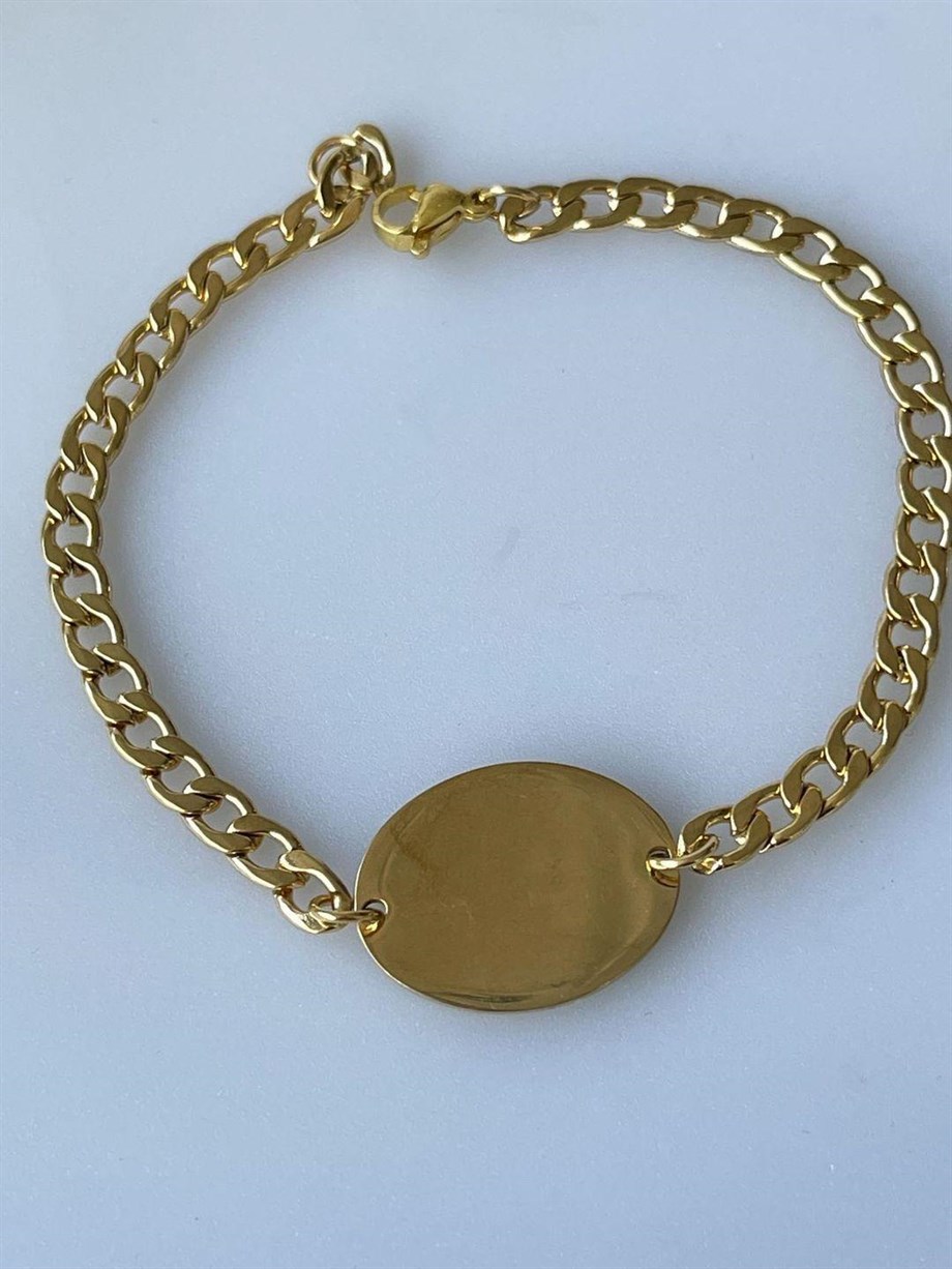 Çelik Gold Renk İsim Yazdırılabilir Künye Bileklik (21 Cm)