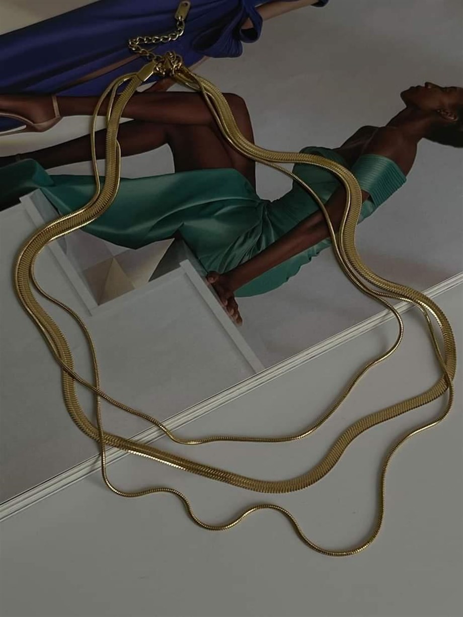Çelik Gold Renk İtalyan Zincir Snake Kombinli Üçlü Birleşik Kombin Kolye (48 Cm)