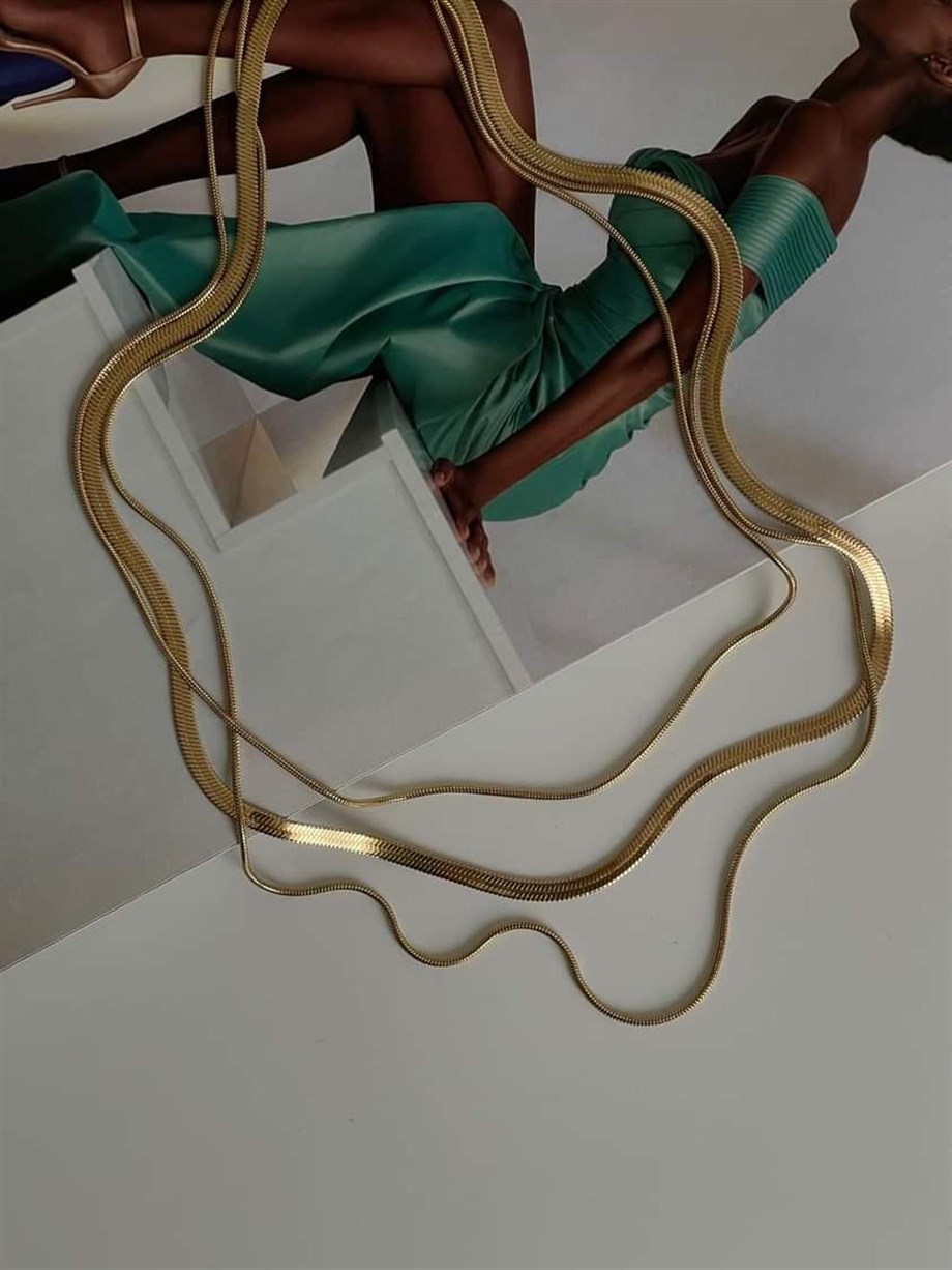 Çelik Gold Renk İtalyan Zincir Snake Kombinli Üçlü Birleşik Kombin Kolye (48 Cm)