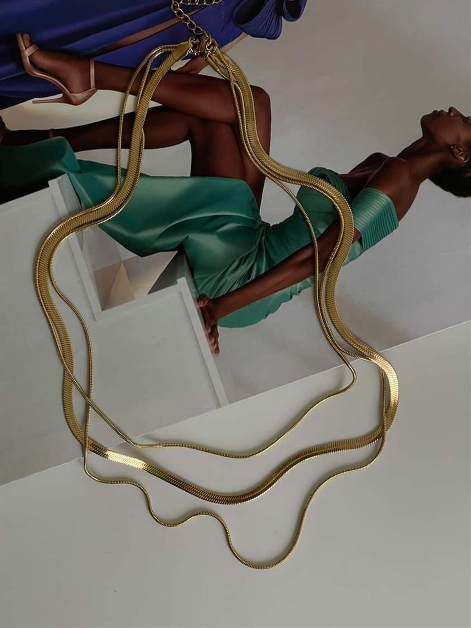 Çelik Gold Renk İtalyan Zincir Snake Kombinli Üçlü Birleşik Kombin Kolye (48 Cm)