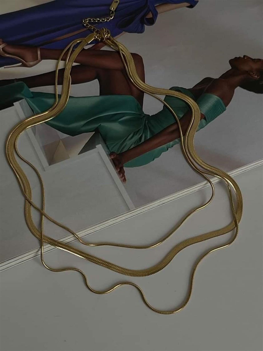 Çelik Gold Renk İtalyan Zincir Snake Kombinli Üçlü Birleşik Kombin Kolye (48 Cm)