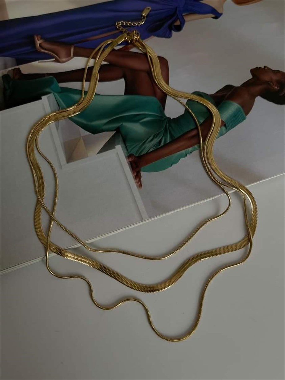 Çelik Gold Renk İtalyan Zincir Snake Kombinli Üçlü Birleşik Kombin Kolye (48 Cm)