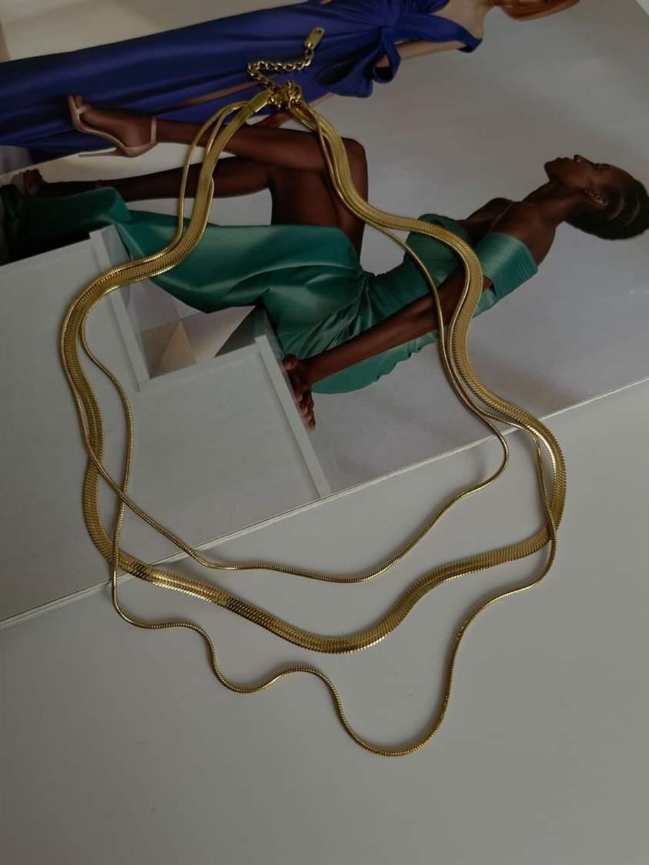Çelik Gold Renk İtalyan Zincir Snake Kombinli Üçlü Birleşik Kombin Kolye (48 Cm)