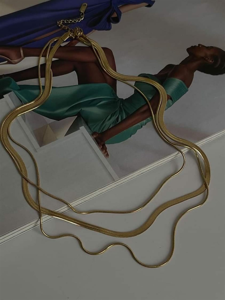 Çelik Gold Renk İtalyan Zincir Snake Kombinli Üçlü Birleşik Kombin Kolye (48 Cm)