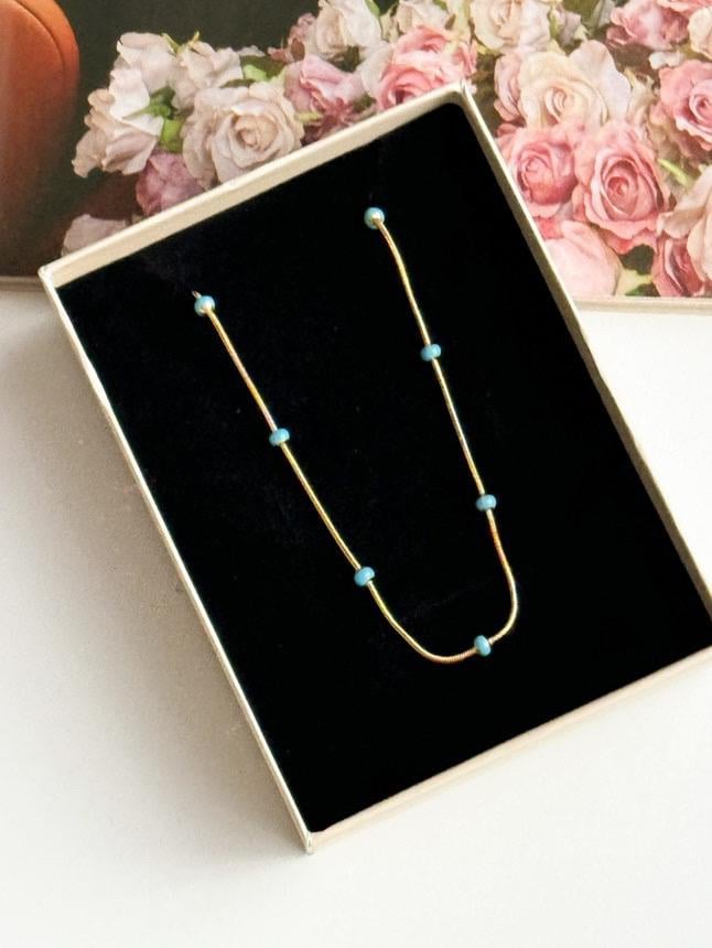 Çelik Gold Renk Mavi Boncuklu Minimal Kolye (45 Cm)