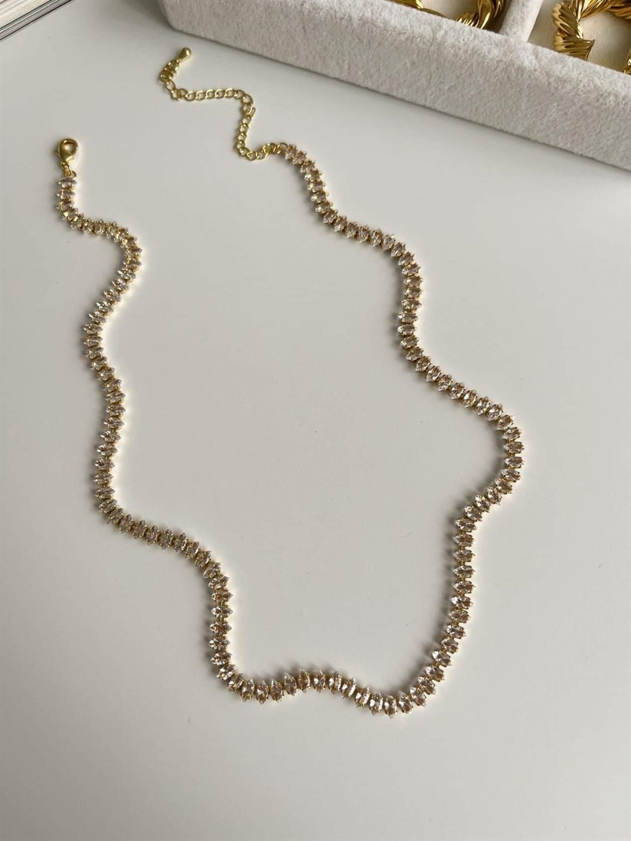 Çelik Gold Renk Mekik Taşlı Kolye (49 Cm)