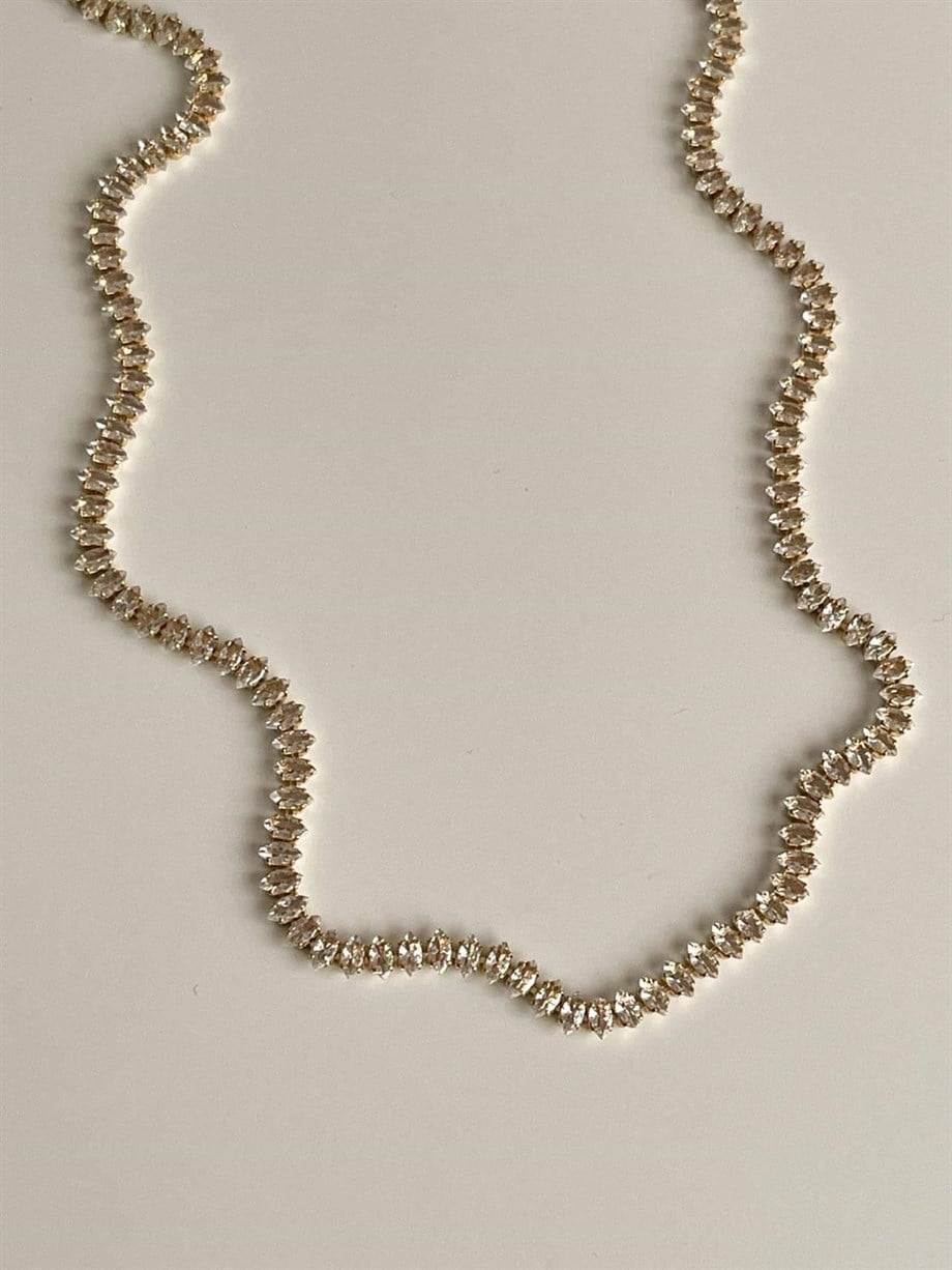 Çelik Gold Renk Mekik Taşlı Kolye (49 Cm)