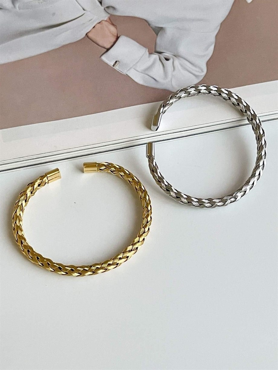 Çelik Gold Renk Örgü Bilezik