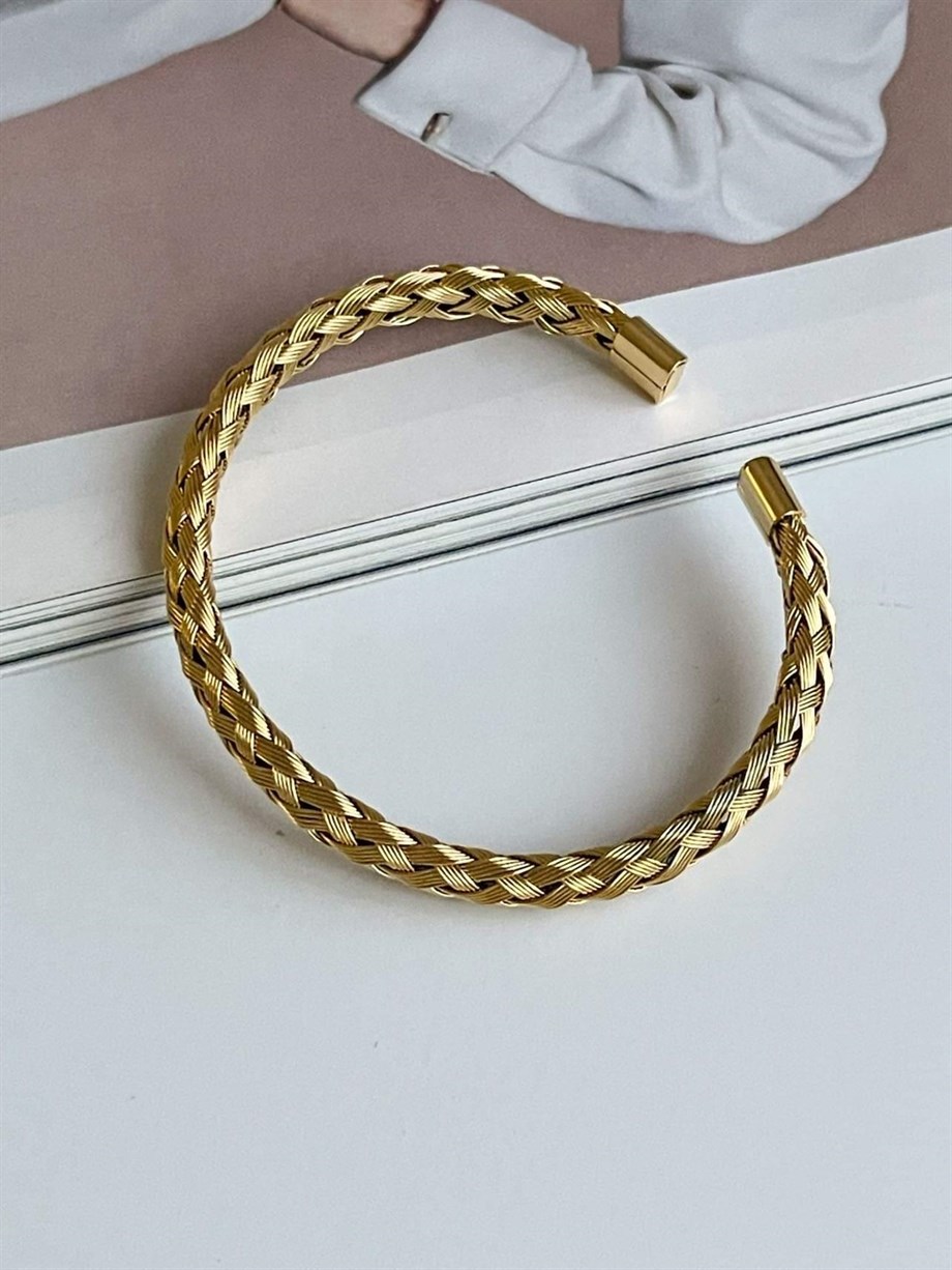 Çelik Gold Renk Örgü Bilezik