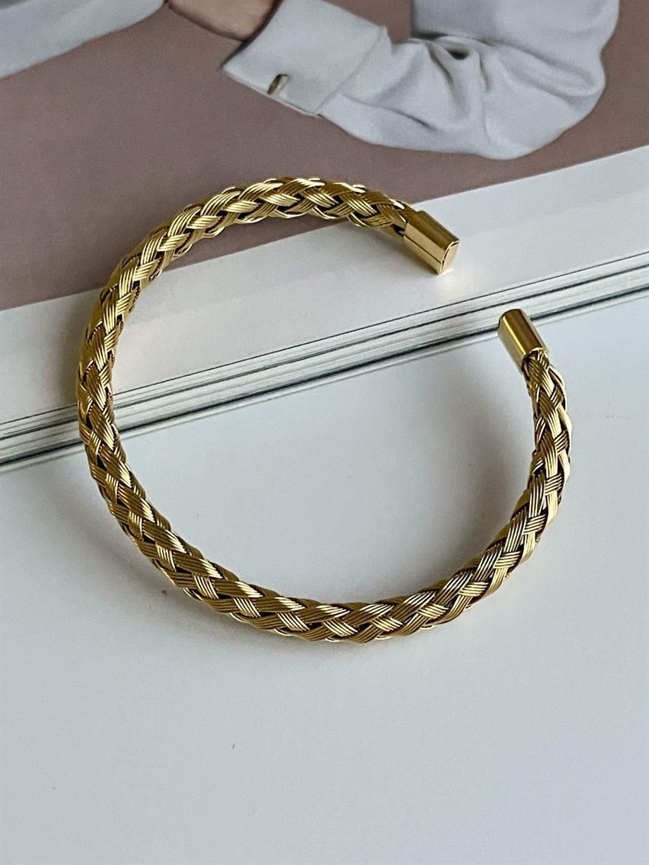 Çelik Gold Renk Örgü Bilezik