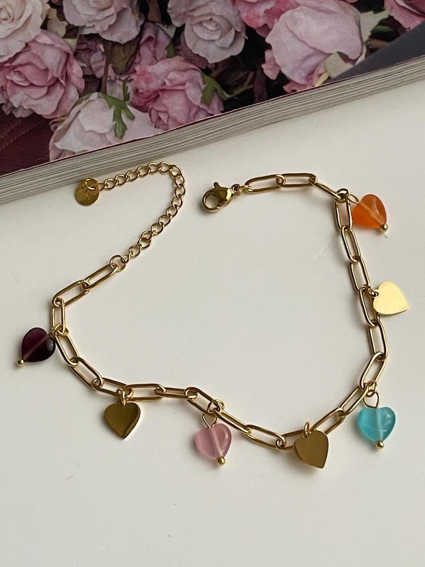 Çelik Gold Renkli Kalpli Halhal (27 Cm)