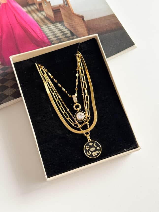 Çelik Gold Serenay Madolyonlu Dörtlü Birleşik Olmayan Kombin Kolye (65 Cm)