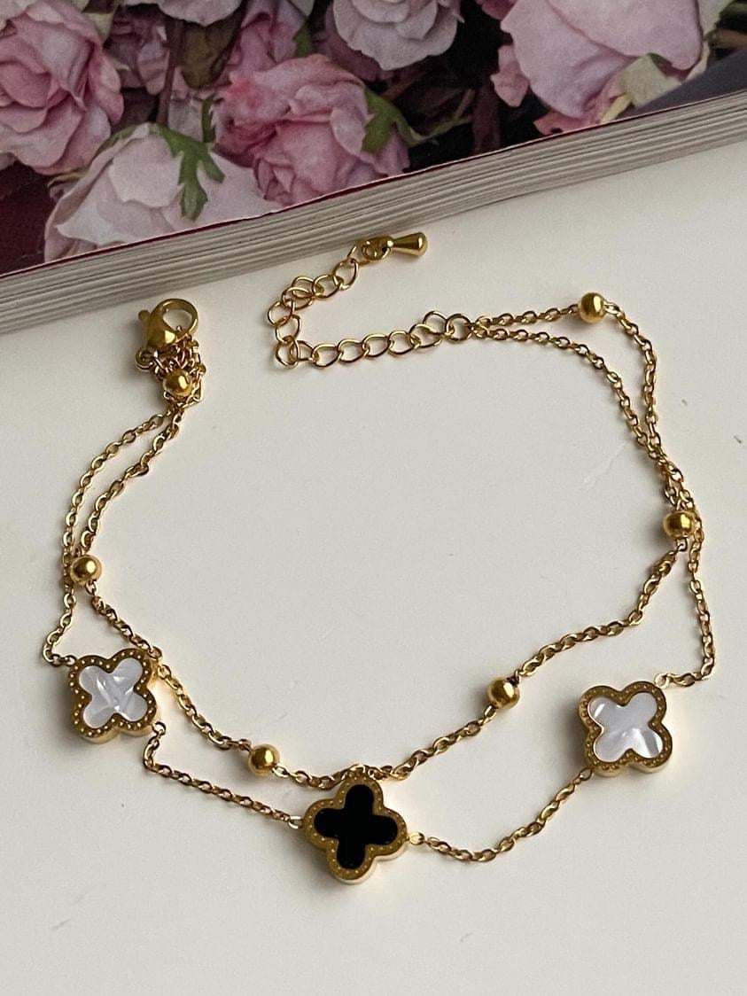 Çelik Gold Siyah Beyaz One Cleef İkili Birleşik Kombin Halhal (27 Cm)
