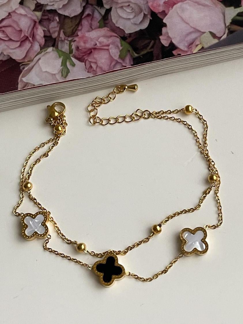 Çelik Gold Siyah Beyaz One Cleef İkili Birleşik Kombin Halhal (27 Cm)