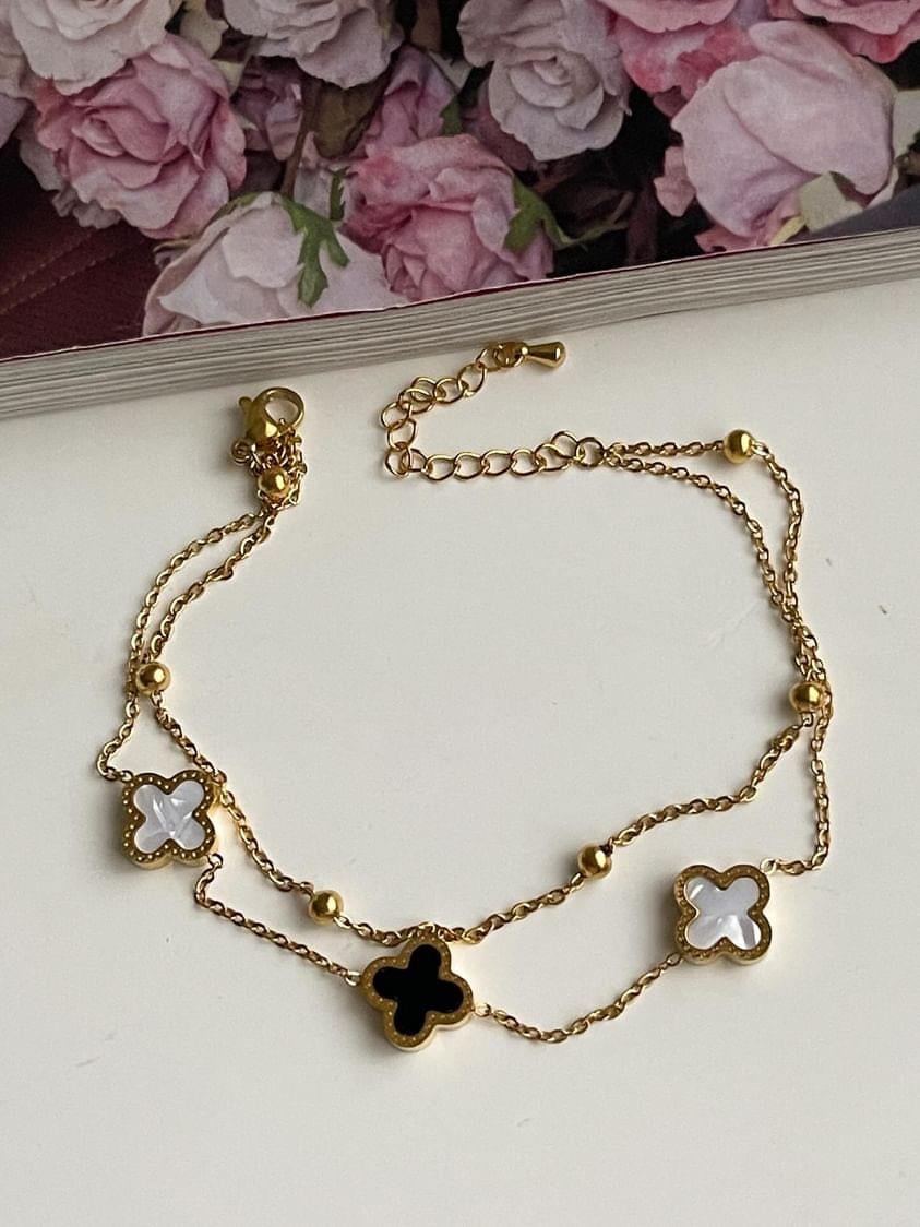 Çelik Gold Siyah Beyaz One Cleef İkili Birleşik Kombin Halhal (27 Cm)