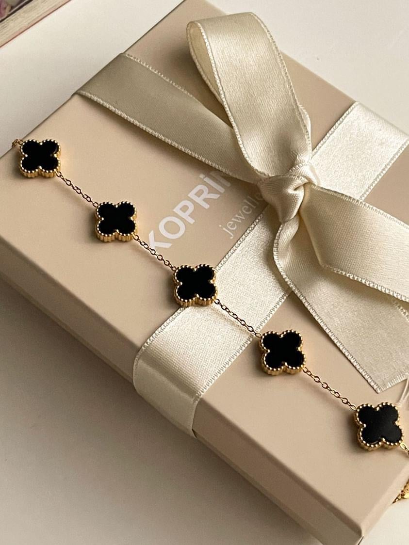 Çelik Gold Siyah One Cleff Bileklik  (23 Cm)
