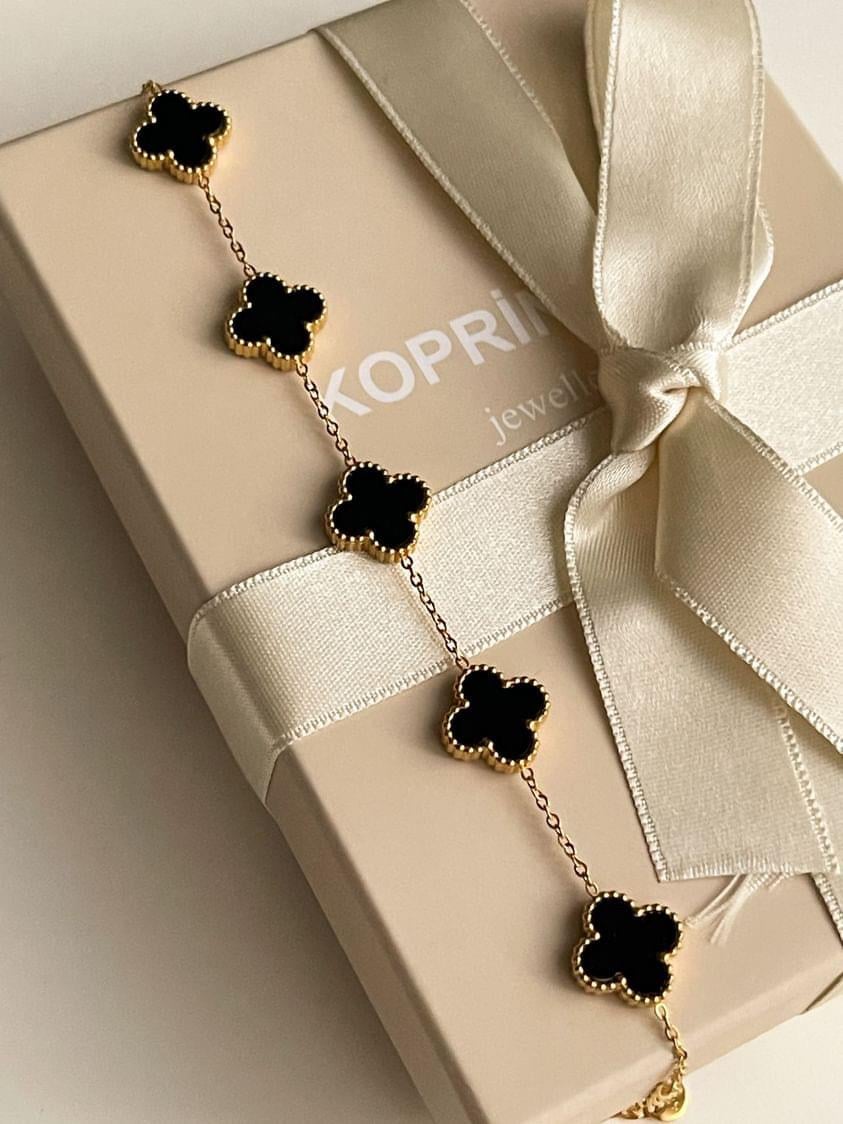 Çelik Gold Siyah One Cleff Bileklik  (23 Cm)