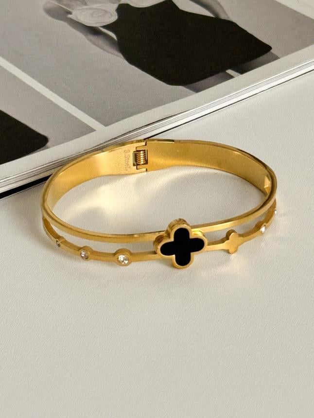 Çelik Gold Siyah Taşlı One Cleef Kelepçe Bileklik 