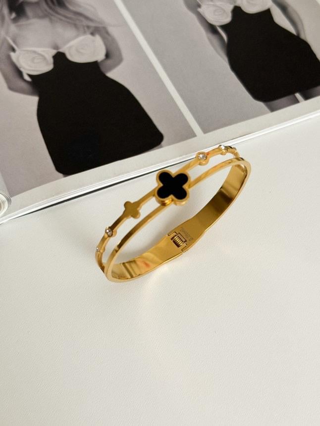 Çelik Gold Siyah Taşlı One Cleef Kelepçe Bileklik 