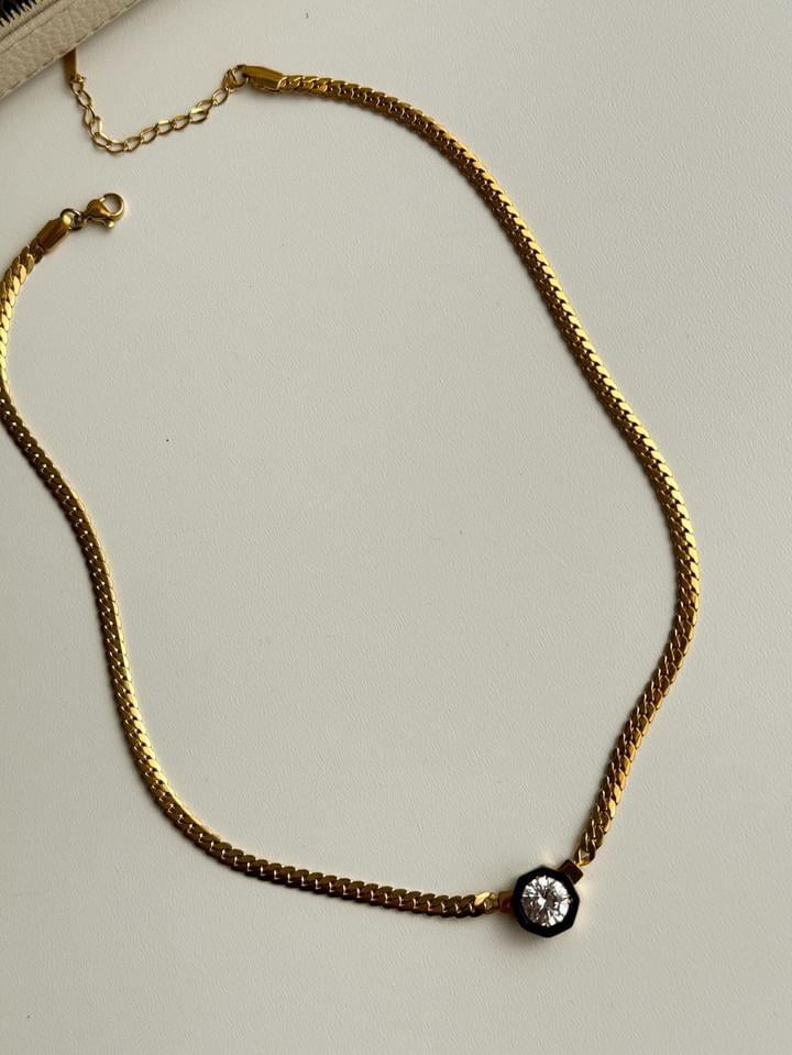 Çelik Gold Syah Taşlı Kolye (47 Cm)