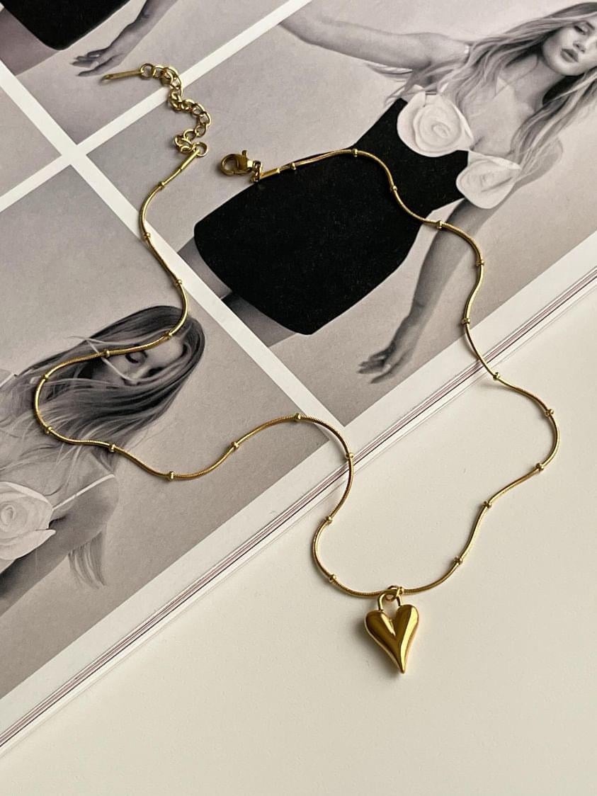 Çelik Gold Topçuklu Amour Kalp Kolye (45 Cm)
