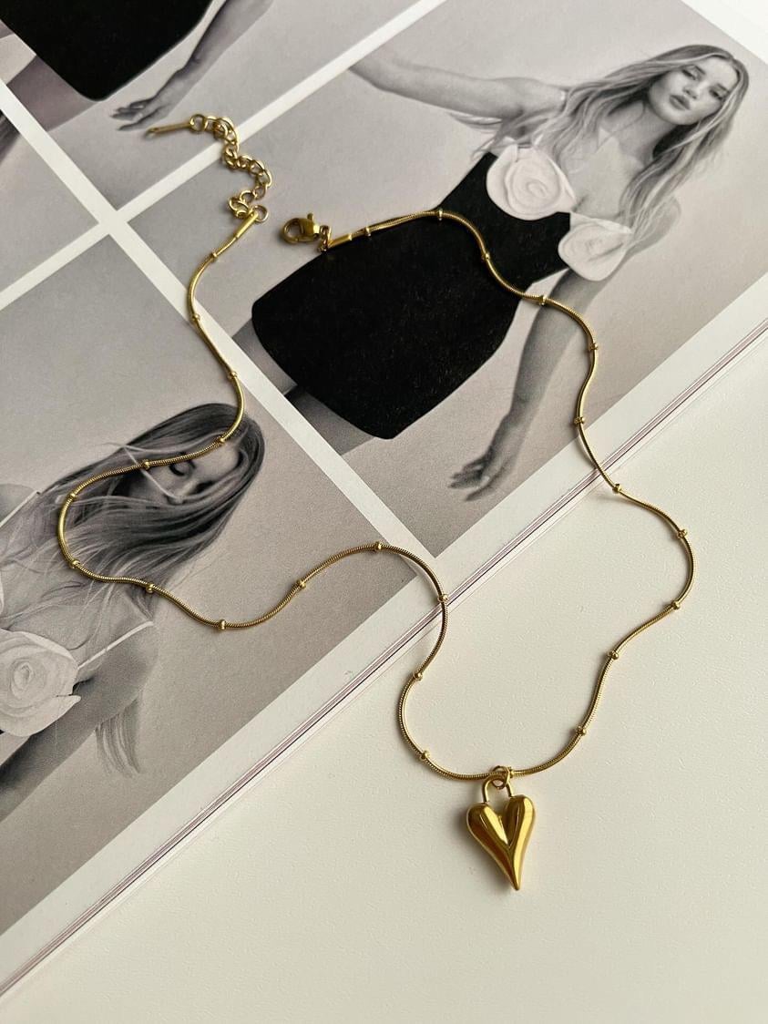 Çelik Gold Topçuklu Amour Kalp Kolye (45 Cm)