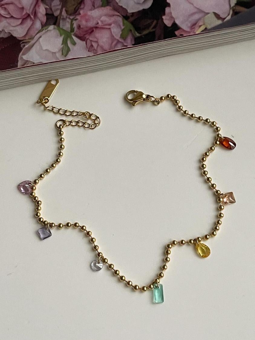 Çelik Gold Topçuklu Renkli Taşlı Halhal (27 Cm)