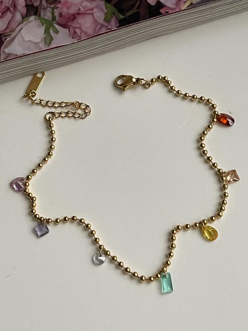 Çelik Gold Topçuklu Renkli Taşlı Halhal (27 Cm)