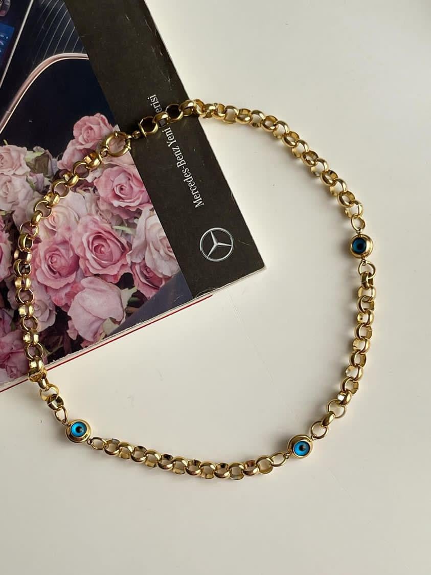 Çelik Gold Üçlü Mavi Nazar Boncuklu Kolye (47 Cm)