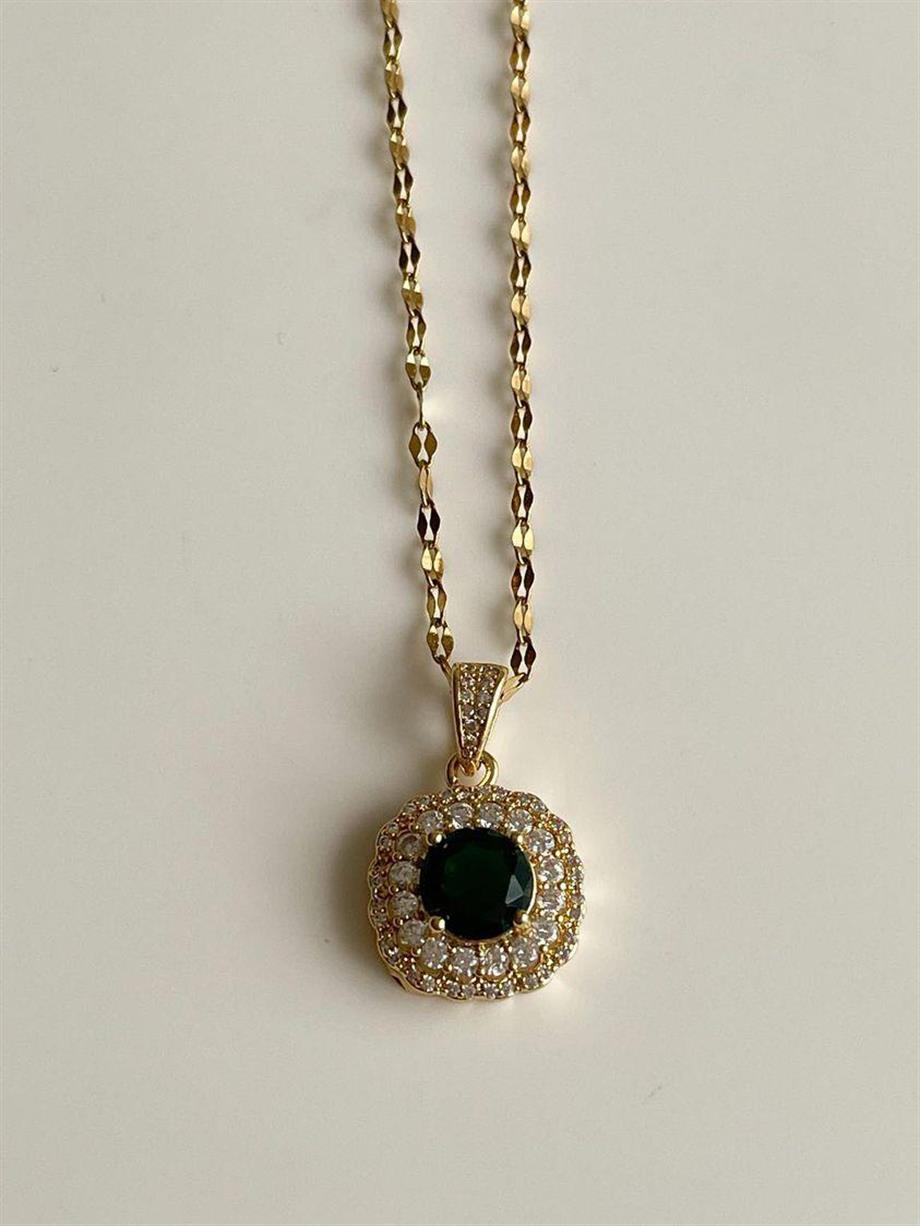 Çelik Gold Yeşil Taşlı Hera Kolye (46 Cm)