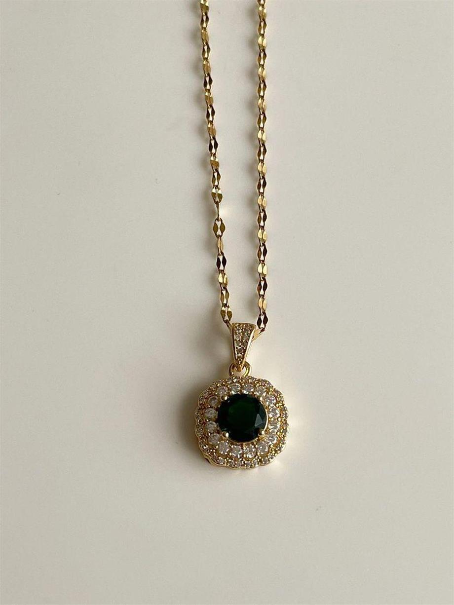Çelik Gold Yeşil Taşlı Hera Kolye (46 Cm)