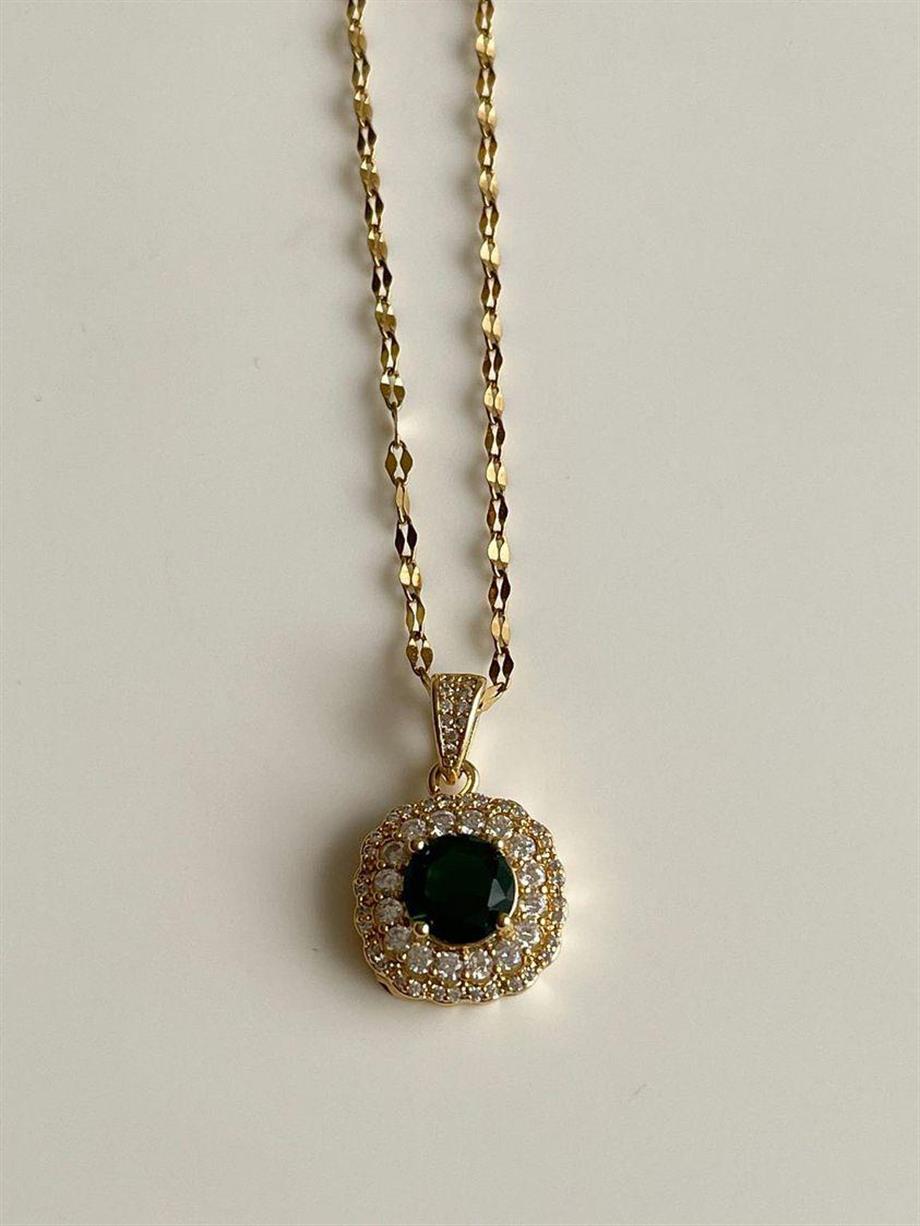Çelik Gold Yeşil Taşlı Hera Kolye (46 Cm)