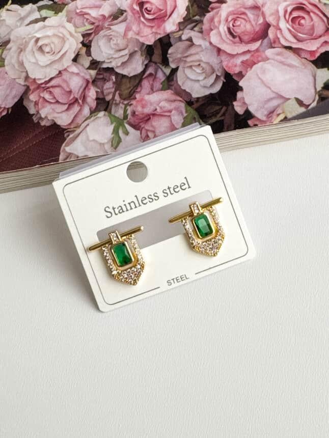 Çelik Gold Yeşil Taşlı Serenay Küpe (1.5 Cm)
