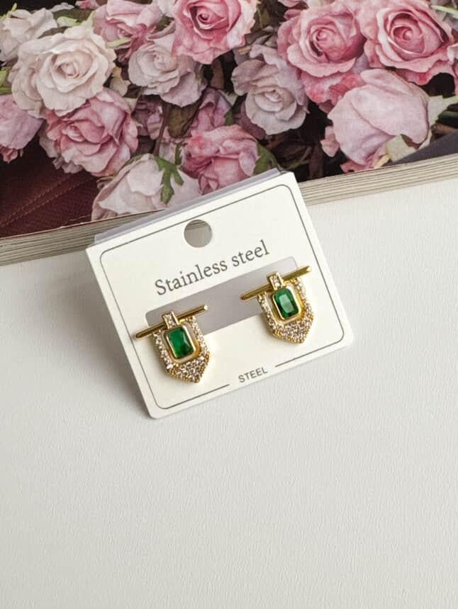Çelik Gold Yeşil Taşlı Serenay Küpe (1.5 Cm)