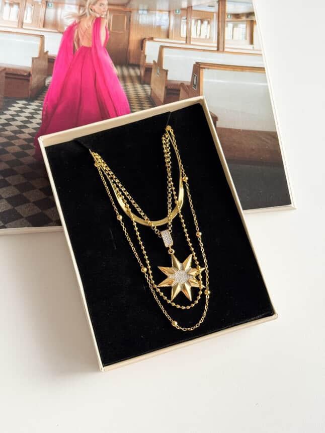 Çelik Gold Yıldızlı Dörtlü Birleşik Olmayan Kombin Kolye (65 Cm)