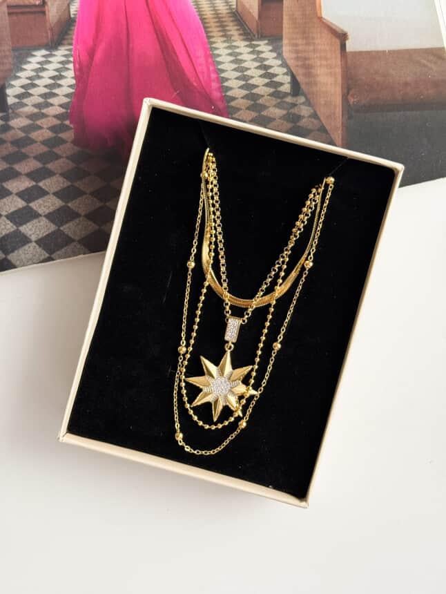 Çelik Gold Yıldızlı Dörtlü Birleşik Olmayan Kombin Kolye (65 Cm)