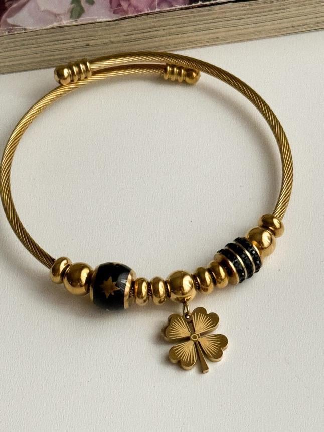 Çelik Gold Yoncalı Kelepçe Bileklik 