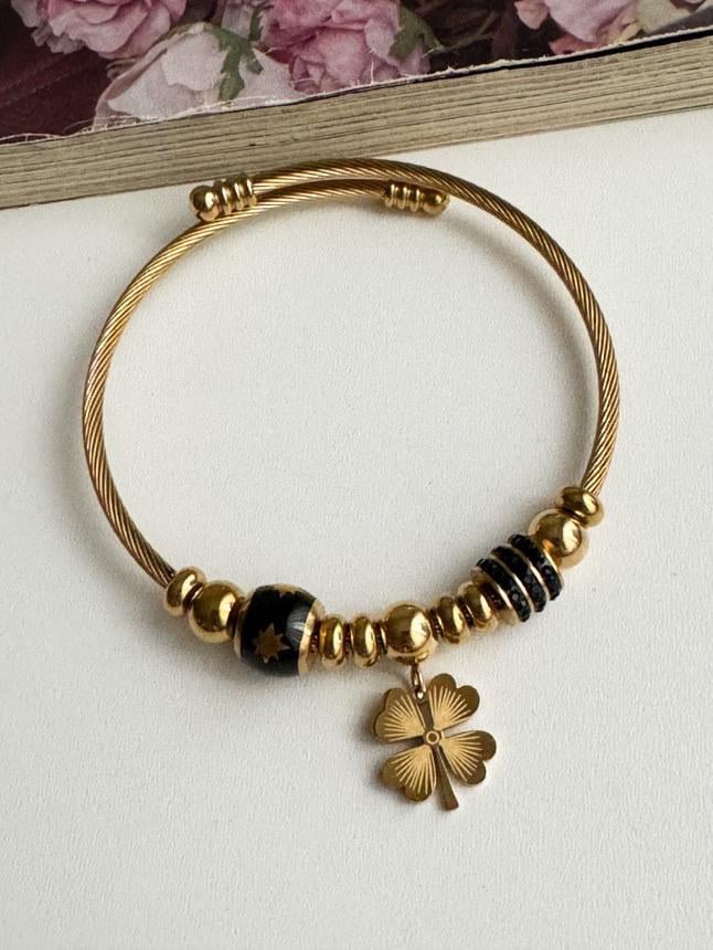 Çelik Gold Yoncalı Kelepçe Bileklik 