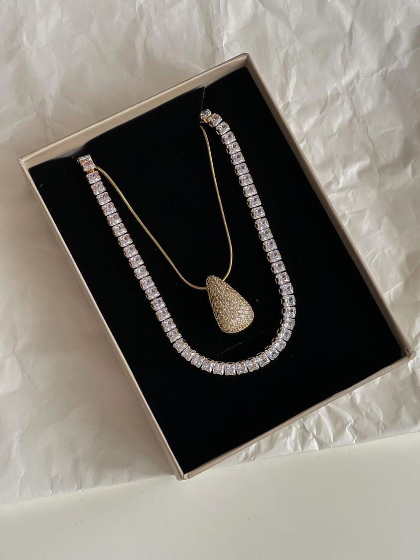 Çelik Gold Zirkon Taşlı Bottega Damla Kolye (46 Cm)
