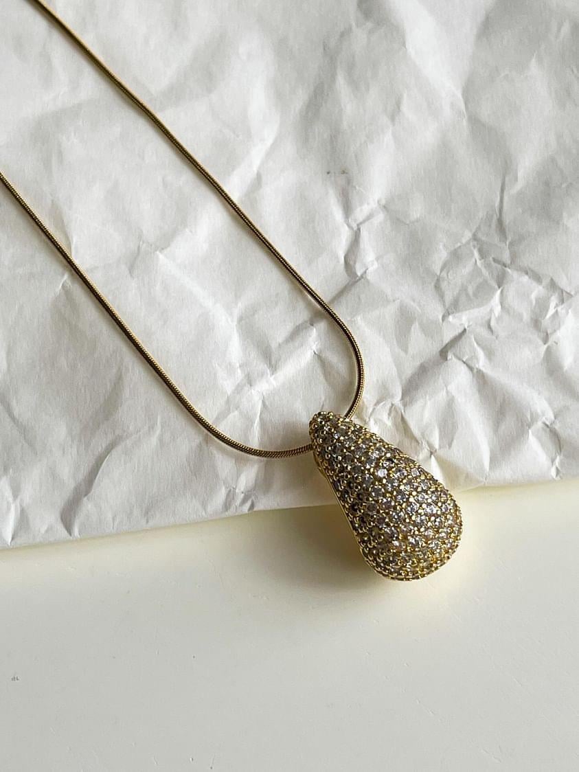 Çelik Gold Zirkon Taşlı Bottega Damla Kolye (46 Cm)