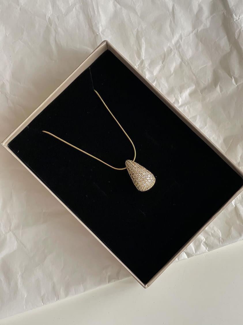 Çelik Gold Zirkon Taşlı Bottega Damla Kolye (46 Cm)